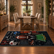 football equipment playbook collage area rug displayed in a dining room