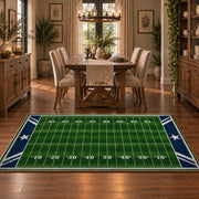 minimal green football field area rug displayed in a dining room