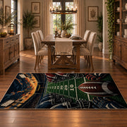 stadium football field scene area rug displayed in a dining room