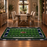 classic football field design area rug displayed in a dining room