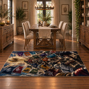 football championship battle scene area rug displayed in a dining room