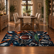 football helmet action collage area rug displayed in a dining room