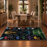 football playoff bracket design area rug displayed in a dining room