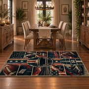 vintage football field collage area rug displayed in a dining room