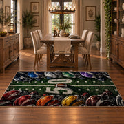 football helmet sideline design area rug displayed in a dining room