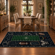 football playbook chalkboard design area rug displayed in a dining room