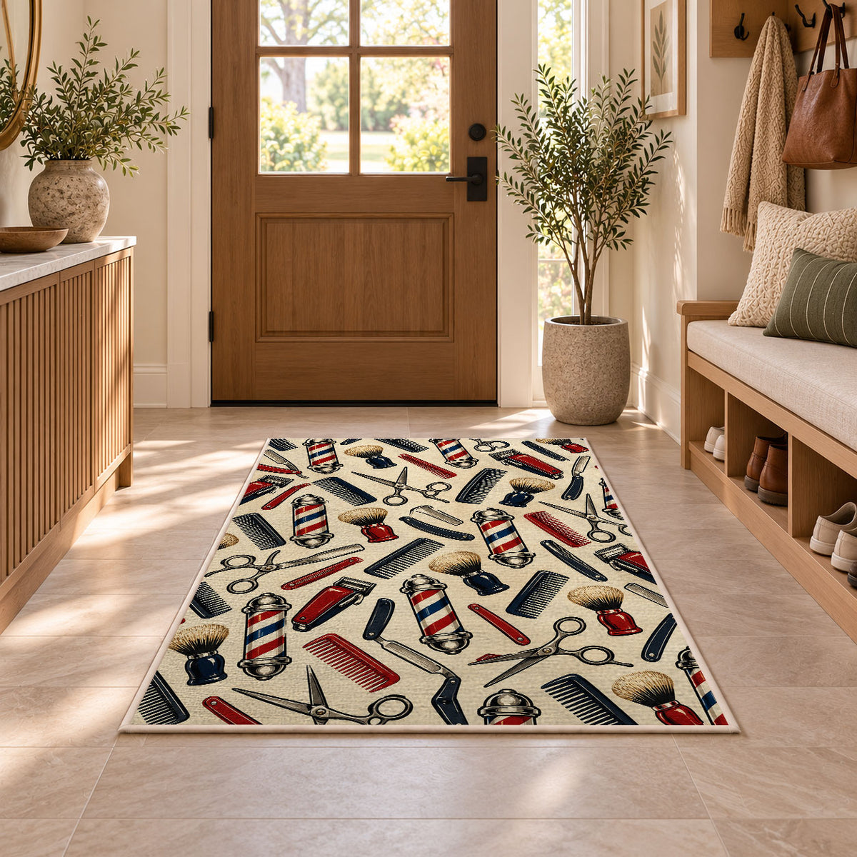 barber tools pattern rug in an entryway with a wooden door and bench