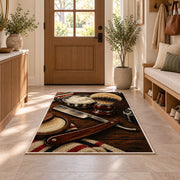 straight razor and shaving brush rug in an entryway with a wooden door and bench