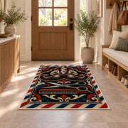 mustache and scissors barber rug in an entryway with a wooden door and bench