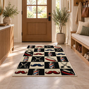checkered barbershop icons rug in an entryway with a wooden door and bench