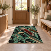 vintage hair clipper rug in an entryway with a wooden door and bench
