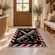 crossed scissors and comb rug in an entryway with a wooden door and bench