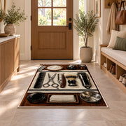 barber tools flat lay rug in an entryway with a wooden door and bench