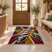 pop art barber pole rug in an entryway with a wooden door and bench