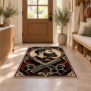 bearded gentleman barber rug in an entryway with a wooden door and bench