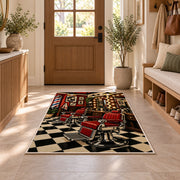 barbershop interior rug in an entryway with a wooden door and bench
