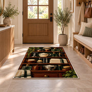 vintage shaving shelf rug in an entryway with a wooden door and bench