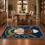 patriotic baseball gear area rug displayed in a dining room