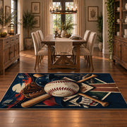 crossed baseball bats and diamond field area rug displayed in a dining room