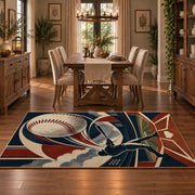 geometric baseball strike design area rug displayed in a dining room