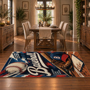 classic baseball typography collage area rug displayed in a dining room