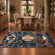 baseball glove and ball collage area rug displayed in a dining room