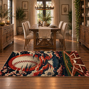 sunset baseball diamond scene area rug displayed in a dining room