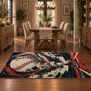 baseball pitcher action design area rug displayed in a dining room