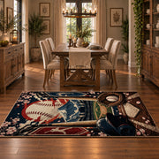 ballpark baseball gear scene area rug displayed in a dining room