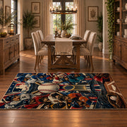 dynamic baseball player collage area rug displayed in a dining room
