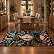 crossed bats baseball emblem area rug displayed in a dining room