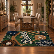 green baseball glove emblem area rug displayed in a dining room