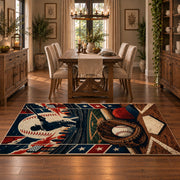 classic baseball home plate design area rug displayed in a dining room