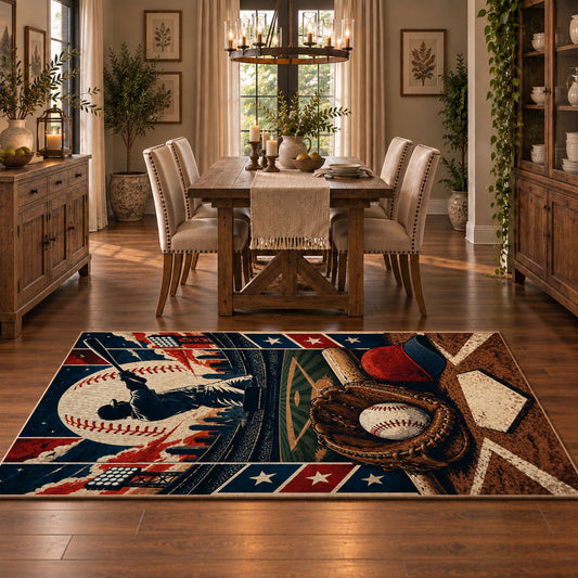 classic baseball home plate design area rug displayed in a dining room