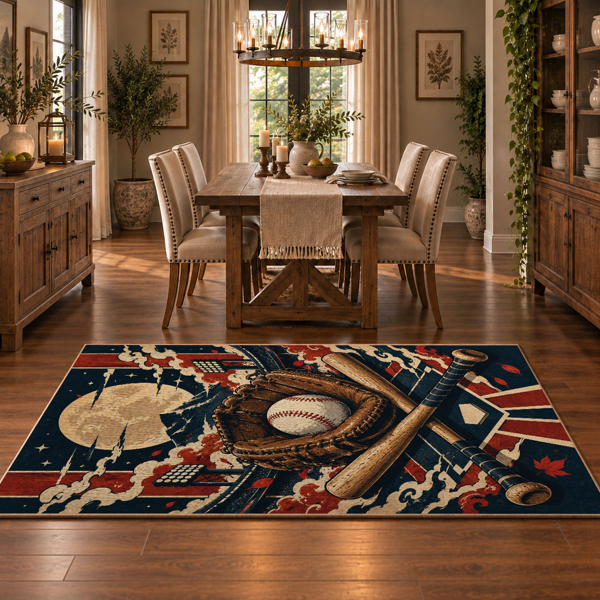 baseball glove crest collage area rug displayed in a dining room