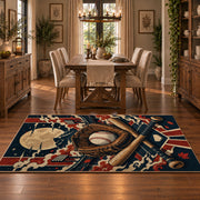 baseball glove crest collage area rug displayed in a dining room