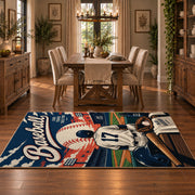 vintage baseball player poster area rug displayed in a dining room