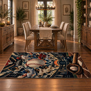 vintage baseball gear collage area rug displayed in a dining room