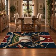 home plate baseball emblem area rug displayed in a dining room