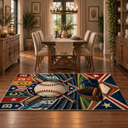 colorful baseball pennant patchwork area rug displayed in a dining room