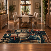 baseball stadium blueprint collage area rug displayed in a dining room