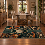 baseball glove equipment panels area rug displayed in a dining room