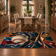 dynamic baseball action collage area rug displayed in a dining room