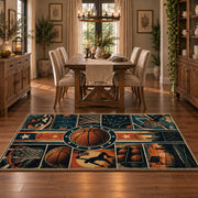 City Skyline Basketball Rug displayed in a dining room