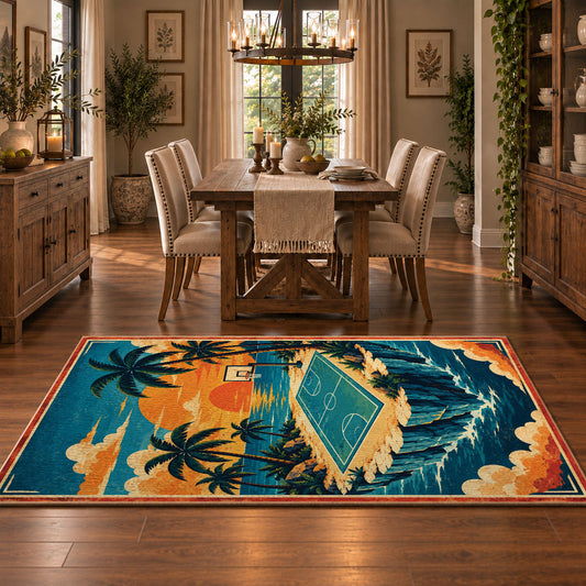 Tropical Island Basketball Court Rug displayed in a dining room