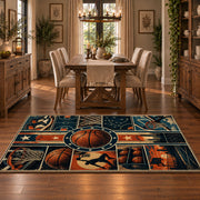 Neon City Basketball Collage Rug displayed in a dining room