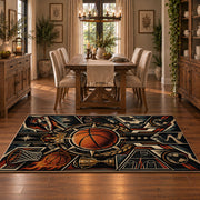 Mechanical Basketball Emblem Rug displayed in a dining room