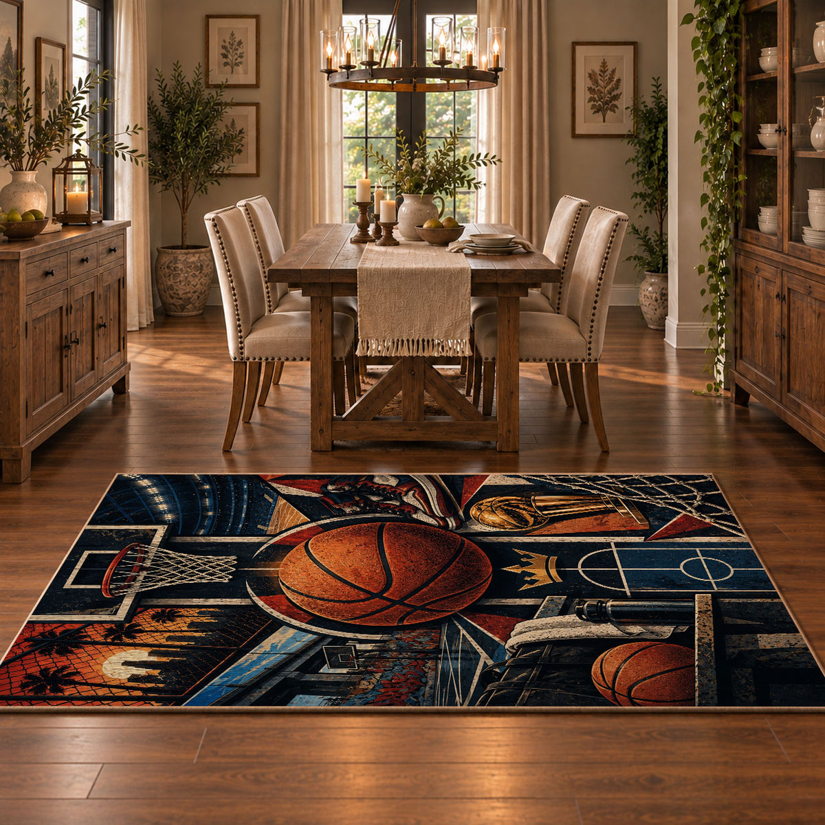 Basketball Hoop Collage Rug displayed in a dining room