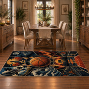 Sunset Skyline Basketball Hoop Rug displayed in a dining room