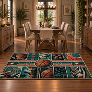 Geometric Basketball Court Collage Rug displayed in a dining room